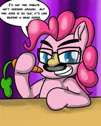 Size: 2400x3000 | Tagged: safe, artist:saburodaimando, character:pinkie pie, species:earth pony, species:pony, carrot, dialogue, female, food, groucho marx, groucho mask, mare, pun, solo, speech bubble, text