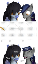 Size: 1280x2160 | Tagged: safe, artist:batponyecho, oc, oc only, oc:echo, oc:mitzy, species:bat pony, species:pony, 3d, bat pony oc, bat wings, comic, crossword puzzle, cutie mark, duo, eyes closed, fangs, female, joke, laughing, looking down, mare, mouth drawing, mouth hold, onomatopoeia, sfm pony, smiling, sound effects, source filmmaker, tail, text, wings