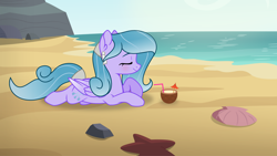 Size: 3840x2160 | Tagged: safe, artist:darbypop1, oc, oc:crystal cool, species:pegasus, species:pony, beach, coconut, female, food, mare, prone, solo