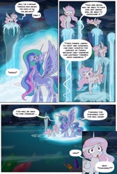 Size: 1280x1905 | Tagged: safe, artist:jeremy3, artist:lummh, character:princess celestia, species:alicorn, species:pony, comic:celestia's destiny, cave, cavern, comic, crystal, female, filly, filly celestia, foal, future, glowing gems, past, pink-mane celestia, reflection, swimming pool, water, young celestia, younger