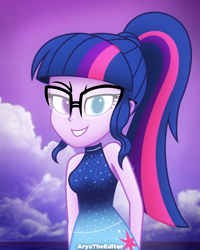 Size: 2000x2500 | Tagged: safe, artist:aryatheeditor, character:twilight sparkle, character:twilight sparkle (scitwi), species:eqg human, my little pony:equestria girls, bust, cutie mark, fashion style, female, geode of telekinesis, glasses, grin, headcanon, heterochromia, looking at you, magical geodes, outfit, photo, portrait, powerful sparkle, purple background, simple background, sleeveless, smiling, solo