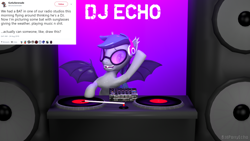 Size: 1280x720 | Tagged: safe, artist:batponyecho, character:dj pon-3, character:vinyl scratch, oc, oc only, oc:echo, species:bat pony, species:pony, 3d, bat pony oc, bat wings, disc, dj echo, female, headphones, jockey, looking at you, mare, meta, sfm pony, smiling, smiling at you, solo, source filmmaker, spread wings, sunglasses, twitter, wings, wub