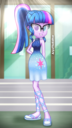 Size: 2000x3555 | Tagged: safe, artist:aryatheeditor, character:twilight sparkle, character:twilight sparkle (scitwi), species:eqg human, my little pony:equestria girls, canterlot high, cutie mark, digital art, female, glasses, grin, heterochromia, looking at you, outfit, photo, portrait, pose, powerful sparkle, relaxed, sleeveless, smiling, smiling at you, solo, standing