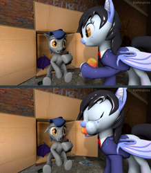Size: 1279x1458 | Tagged: safe, artist:batponyecho, oc, oc only, oc:echo, oc:mitzy, species:bat pony, species:pony, 3d, about to cry, alleyway, bat pony oc, bat wings, box, can, clothing, comic, cruel, duo, eating, female, food, homeless, mango, mare, nope, poor, pure unfiltered evil, sad, sfm pony, source filmmaker, spread wings, wings