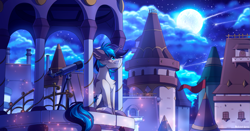 Size: 2015x1054 | Tagged: safe, artist:redchetgreen, oc, oc only, species:pony, building, full moon, male, moon, sitting, smiling, solo, stallion, stars, telescope