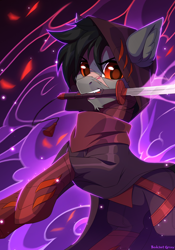 Size: 1200x1710 | Tagged: safe, artist:redchetgreen, oc, oc only, species:pony, assassin, clothing, male, mouth hold, red eyes, stallion, sword, weapon