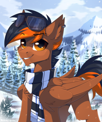 Size: 1400x1676 | Tagged: safe, artist:redchetgreen, oc, oc only, species:pegasus, species:pony, cute, goggles, handsome, male, scenery, scenery porn, smiling, snow, solo, stallion, tree