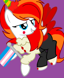 Size: 581x704 | Tagged: safe, artist:circuspaparazzi5678, base used, oc, oc:clowny, species:pegasus, species:pony, clothing, female, genderfluid, hat, nonbinary, party hat, pride, pride flag, pride month, smiling, solo, trans female, transgender, transgender pride flag