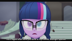 Size: 4096x2304 | Tagged: safe, artist:aryatheeditor, character:twilight sparkle, character:twilight sparkle (scitwi), species:eqg human, my little pony:equestria girls, angry, canterlot high, digital art, female, geode of telekinesis, glasses, heterochromia, magical geodes, movie, movie accurate, night, powerful sparkle, solo, subtitles