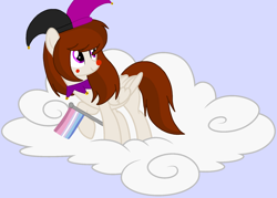 Size: 1878x1347 | Tagged: safe, artist:circuspaparazzi5678, base used, oc, oc:april fools, species:pegasus, species:pony, april fools pony, bigender, bigender pride flag, clothing, clown nose, hat, jester hat, jester pony, pride, pride flag, pride month, solo