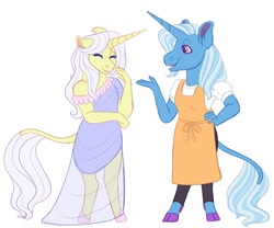 Size: 1024x854 | Tagged: safe, artist:uunicornicc, character:lily lace, character:trixie, species:anthro, species:pony, species:unguligrade anthro, species:unicorn, apron, blouse, clothing, cloven hooves, dress, duo, female, laughing, leonine tail, mare, pants, see-through, simple background, white background