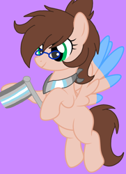 Size: 1376x1904 | Tagged: safe, artist:circuspaparazzi5678, base used, oc, oc:ash, species:pegasus, species:pony, bandana, blue tips, brown mane, demiboy, demiboy pride flag, glasses, green eyes, pride, pride flag, pride month, requested art, smiling, solo