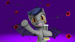 Size: 1280x720 | Tagged: safe, artist:batponyecho, oc, oc only, oc:echo, species:bat pony, species:pony, 3d, bat pony oc, bat wings, cheering, delighted, fangs, female, flower, happy, looking at you, love, pleased, rose, smiling at you, solo, source filmmaker, spread wings, trophy, waving, wings