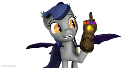 Size: 1280x720 | Tagged: safe, artist:batponyecho, oc, oc only, oc:echo, species:bat pony, species:pony, 3d, avengers: infinity war, bat pony oc, bat wings, disintegration, fangs, female, happy, i don't feel so good, implied death, infinity gauntlet, infinity stones, middle finger, simple background, smiling, solo, source filmmaker, spread wings, this will end in death, this will end in disintegration, this will end in tears, this will end in tears and/or death, uh oh, vulgar, we're all doomed, white background, wings, xk-class end-of-the-world scenario