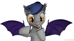 Size: 1280x720 | Tagged: safe, artist:batponyecho, oc, oc only, oc:echo, species:bat pony, species:pony, 3d, bat pony oc, bat wings, cookie, fangs, female, food, licking, licking lips, oreo, simple background, solo, source filmmaker, spread wings, tongue out, white background, wings, yummy