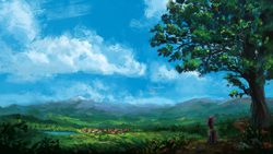 Size: 1920x1080 | Tagged: safe, artist:plainoasis, character:tempest shadow, species:pony, species:unicorn, female, looking away, mare, outdoors, painting, scenery, scenery porn, sky, solo, standing, tempest's village, tree, village