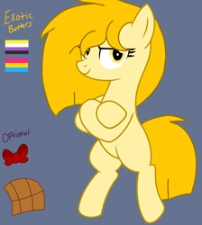 Size: 2065x2301 | Tagged: safe, artist:circuspaparazzi5678, base used, oc, oc:exotic butters, species:earth pony, species:pony, bow, clothing, nonbinary, nonbinary pride flag, pansexual, pansexual pride flag, pride, pride flag, pride month, reference, skirt, solo