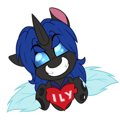 Size: 1902x1947 | Tagged: safe, artist:nekro-led, oc, oc only, oc:swift dawn, species:changeling, species:pony, blue changeling, blue eyes, changeling oc, commission, eyebrows, eyebrows visible through hair, fangs, head tilt, heart, looking at you, simple background, smiling, transparent background, ych result