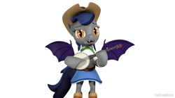 Size: 1280x720 | Tagged: safe, artist:batponyecho, oc, oc only, oc:echo, species:bat pony, species:pony, 3d, banjo, bat pony oc, bat wings, clothing, clothing theft, country, cutie mark, equestria girls outfit, fangs, female, implied applejack, looking at you, mare, music, musical instrument, sfm pony, simple background, singing, solo, source filmmaker, spread wings, tail, white background, wings