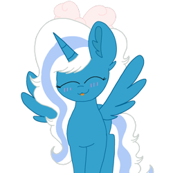 Size: 1280x1280 | Tagged: safe, artist:circuspaparazzi5678, oc, oc:fleurbelle, species:alicorn, species:pony, adorabelle, alicorn oc, blep, blushing, bow, cute, ear fluff, eyes closed, hair bow, horn, simple background, tongue out, transparent background, wings