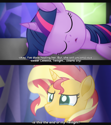 Size: 3120x3510 | Tagged: safe, artist:aryatheeditor, character:sunset shimmer, character:twilight sparkle, character:twilight sparkle (scitwi), species:eqg human, species:pony, species:unicorn, about to cry, bed, comic, crying, eyes closed, lying on bed, on bed, open mouth, powerful sparkle, sad, sleeping, subtitles, twilight's castle, unconscious