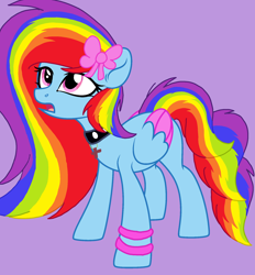 Size: 1800x1940 | Tagged: safe, artist:circuspaparazzi5678, base used, oc, oc:cattie, species:pegasus, species:pony, art trade, base:dianamur, bow, bracelet, collar, cross, jewelry, multicolored hair, pink eyes, rainbow hair, solo