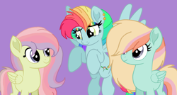 Size: 1616x868 | Tagged: safe, artist:circuspaparazzi5678, base used, oc, oc:rainboom, oc:rainbow blitz, oc:rainbow splash, parent:fluttershy, parent:rainbow dash, parents:flutterdash, species:earth pony, species:pony, cute, ear piercing, earring, female, flying, jewelry, magical lesbian spawn, movie accurate, multicolored hair, next generation, offspring, piercing, purple background, rainbow hair, rainbow makeup, siblings, simple background, sisters, smiling