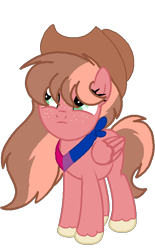 Size: 459x742 | Tagged: safe, artist:circuspaparazzi5678, base used, oc, parent:angel wings, parent:big macintosh, parents:angelmac, species:pegasus, species:pony, bandana, bisexual, clothing, female, freckles, green eyes, hat, mare, offspring, simple background, solo, transparent background