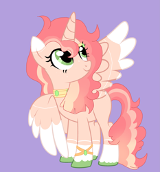 Size: 2445x2620 | Tagged: safe, artist:circuspaparazzi5678, base used, oc, parent:applejack, parent:twilight sparkle, parents:twijack, species:alicorn, species:pony, alicorn oc, bracelet, colored wings, colored wingtips, female, horn, jewelry, magical lesbian spawn, mare, necklace, next generation, offspring, purple background, request, simple background, solo, unshorn fetlocks, wings