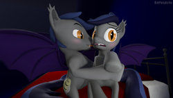 Size: 1280x720 | Tagged: safe, artist:batponyecho, oc, oc only, oc:echo, species:bat pony, species:pony, 3d, bat pony oc, bat wings, bed, blushing, confused, cutie mark, duo, fangs, female, licking, male, mare, pillow, ponidox, rule 63, scared, self ponidox, selfcest, sfm pony, shipping, source filmmaker, spread wings, stallion, straight, tongue out, wings