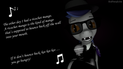 Size: 1280x720 | Tagged: safe, artist:batponyecho, oc, oc only, oc:echo, species:bat pony, species:pony, 3d, bat pony oc, bat wings, blues brothers, clothing, fangs, female, mare, microphone, sfm pony, singing, solo, source filmmaker, sunglasses, text, wings