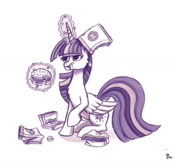 Size: 1280x1184 | Tagged: safe, artist:sensko, character:twilight sparkle, character:twilight sparkle (alicorn), species:alicorn, species:pony, burger, female, food, hay burger, majestic as fuck, mare, monochrome, solo, twilight burgkle, wrapping paper