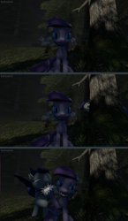 Size: 1280x2200 | Tagged: safe, artist:batponyecho, oc, oc only, oc:echo, oc:violet rose, species:bat pony, species:pony, 3d, angry, bat pony oc, bat wings, comic, duo, fangs, female, forest, grumpy, hiding, hissing, mare, night, onomatopoeia, ouch, prank, punch, sfm pony, sitting, smack, sound effects, source filmmaker, spread wings, stealth, tail, this will end in pain, tree, wings