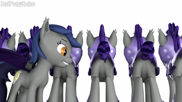 Size: 599x337 | Tagged: safe, artist:batponyecho, oc, oc only, oc:echo, species:bat pony, species:pony, 3d, animated, armor, bat pony oc, bat wings, butt, eyes on the prize, fangs, featureless crotch, female, gif, looking at butt, male, mare, new lunar republic, night guard, plot, rear view, sfm pony, simple background, source filmmaker, spread wings, stallion, tail, white background, wings