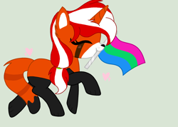 Size: 2154x1532 | Tagged: safe, artist:circuspaparazzi5678, base used, oc, oc:red velvet, species:pony, species:unicorn, blushing, paws, polysexual, polysexual pride flag, pride, pride flag, pride month, red panda, red panda pony, solo, trotting