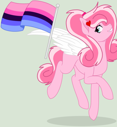 Size: 2208x2392 | Tagged: safe, artist:circuspaparazzi5678, base used, oc, oc:cupid swirls, species:pegasus, species:pony, curly hair, heart on hair, omnisexual, omnisexual pride flag, ponytail, pride, pride flag, pride month, smiling, solo, white wings
