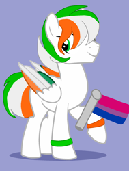Size: 1398x1852 | Tagged: safe, artist:circuspaparazzi5678, base used, oc, oc:dublin, species:pegasus, species:pony, bisexual, bisexual pride flag, bracelet, jewelry, male, pride, pride flag, pride month, smiling, solo