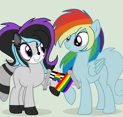 Size: 1176x1122 | Tagged: safe, artist:circuspaparazzi5678, base used, oc, oc:rainbow speed, oc:raven sapphire, parent:rainbow dash, species:earth pony, species:pegasus, species:pony, ear piercing, earring, female, gay, gay pride flag, hybrid, jewelry, male, multicolored hair, next generation, parent:rocky, paws, piercing, ponytail, pride, pride flag, raccoon, raccoon pony, rainbow hair, squirrel, squirrel pony, straight, straight ally, straight ally flag