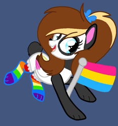 Size: 694x740 | Tagged: safe, artist:circuspaparazzi5678, base used, oc, oc:pocky panda, species:pegasus, species:pony, bear, bow, clothing, panda, panda pony, pansexual, pansexual pride flag, paws, ponytail, pride, pride flag, pride month, rainbow socks, socks, solo, striped socks
