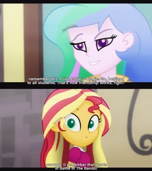 Size: 3120x3510 | Tagged: safe, artist:aryatheeditor, character:princess celestia, character:principal celestia, character:sunset shimmer, my little pony:equestria girls, bust, canterlot high, comic, digital art, geode of empathy, grin, looking at each other, looking at you, looking back, magical geodes, outfit, shocked, smiling, subtitles