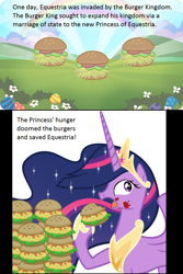 Size: 952x1428 | Tagged: safe, artist:atariboy2600, artist:sir-teutonic-knight, edit, gameloft, character:twilight sparkle, character:twilight sparkle (alicorn), species:alicorn, species:pony, episode:the last problem, g4, my little pony: friendship is magic, burger, cloud, eating, flower, food, hay burger, herbivore, outdoors, princess twilight 2.0, rainbow, resource, that pony sure does love burgers, this will end in colic, twilight burgkle