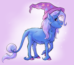 Size: 1702x1484 | Tagged: safe, artist:shimazun, character:trixie, species:classical unicorn, species:pony, species:unicorn, chest fluff, clothing, cloven hooves, hat, hoof fluff, leonine tail, smiling, trixie's hat, unshorn fetlocks