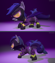 Size: 1279x1458 | Tagged: safe, artist:batponyecho, oc, oc only, oc:echo, species:bat pony, species:pony, 3d, bat pony oc, bat wings, clothing, female, goggles, mare, shadowbolts, solo, source filmmaker, spread wings, suit, tail, wings