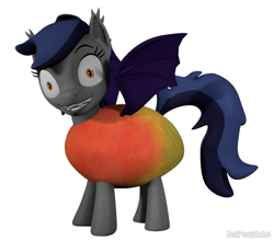 Size: 819x718 | Tagged: safe, artist:batponyecho, oc, oc only, oc:echo, species:bat pony, species:pony, 3d, bat pony oc, bat wings, clothing, costume, female, food, mango, mare, shrunken pupils, simple background, solo, source filmmaker, spread wings, tail, that batpony sure does love mangoes, white background, wings