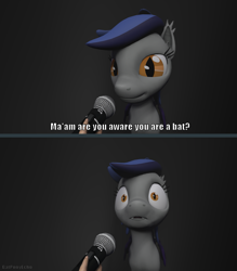 Size: 1279x1458 | Tagged: safe, artist:batponyecho, oc, oc only, oc:echo, species:bat pony, species:human, species:pony, 3d, are you aware you are a pony, bat pony oc, bat wings, disembodied hand, female, hand, mare, meme, microphone, shocked, shocked expression, source filmmaker, tail, wings