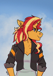 Size: 1014x1455 | Tagged: safe, artist:shimazun, character:sunset shimmer, species:anthro, species:pony, species:unicorn, my little pony:equestria girls, clothing, cloud, jacket, sky, sunglasses