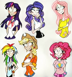 Size: 2472x2662 | Tagged: safe, artist:citi, character:applejack, character:fluttershy, character:pinkie pie, character:rainbow dash, character:rarity, character:twilight sparkle, character:twilight sparkle (alicorn), species:alicorn, species:human, species:pony, breasts, busty fluttershy, busty pinkie pie, busty rarity, cutie mark clothes, delicious flat chest, humanized, mane six, rainbow flat, traditional art