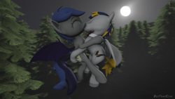 Size: 1280x720 | Tagged: safe, artist:batponyecho, oc, oc only, oc:artemis, oc:echo, species:bat pony, species:pony, 3d, bat pony oc, bat wings, commission, cutie mark, eyes closed, female, flying, forest, kissing, male, mare, moon, night, oc x oc, shipping, source filmmaker, spread wings, stallion, straight, tail, tree, wings, ych result