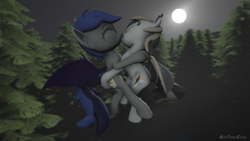Size: 1280x720 | Tagged: safe, alternate version, artist:batponyecho, oc, oc only, oc:echo, oc:eventide blossom, species:bat pony, species:pony, 3d, bat pony oc, bat wings, commission, cutie mark, eyes closed, female, flying, forest, kissing, lesbian, mare, moon, night, oc x oc, shipping, source filmmaker, spread wings, tail, tree, wings, ych result