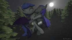 Size: 1280x720 | Tagged: safe, alternate version, artist:batponyecho, oc, oc only, oc:au hasard, oc:echo, species:bat pony, species:pony, 3d, bat pony oc, bat wings, commission, cutie mark, eyes closed, female, flying, forest, kissing, male, mare, moon, night, oc x oc, shipping, source filmmaker, spread wings, stallion, straight, tail, tree, wings, ych result